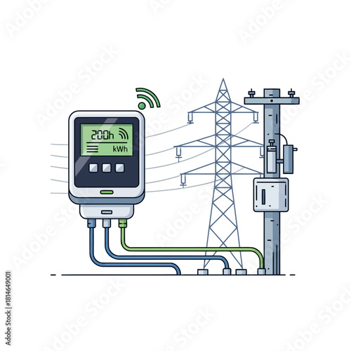 Electricity meter with wireless signal and power lines connected to a substation and transformer