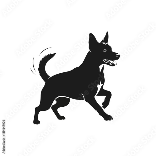 Black silhouette of a running dog with tail raised, midstride, isolated on