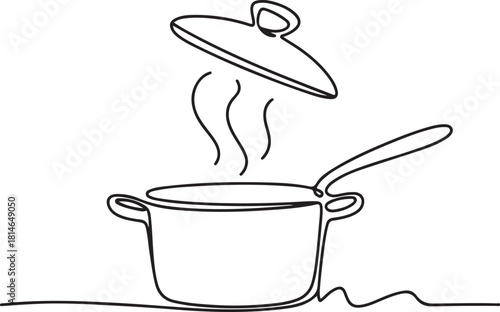 Continuous line art illustration of large cooking pot releasing steam with handmade contour