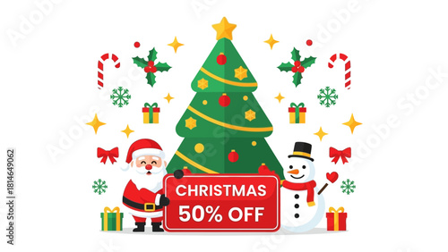 Festive Christmas Promotion: Charming illustrations of Santa Claus and a snowman herald a holiday season with the promise of special discounts and seasonal cheer.