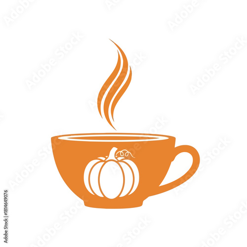Orange cup with pumpkin design and steam, autumn coffee illustration