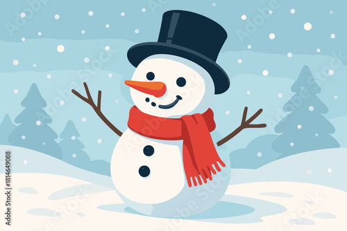 Cheerful Snowman Scene. Cheerful snowman with a carrot nose and coal eyes stands in a snowy landscape. Wearing a bright red scarf and a black top hat, it exudes. Vector illustration