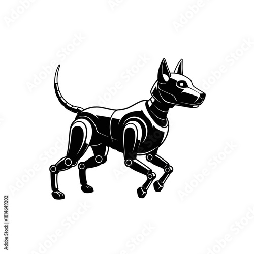 Black and white illustration of a robotic dog walking, showcasing a futuristic and mechanical pet design