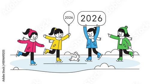 Skating Kids with 2026: Children are skating on the ice, joyfully anticipating the year 2026. This dynamic image is about future plan and positive attitude.