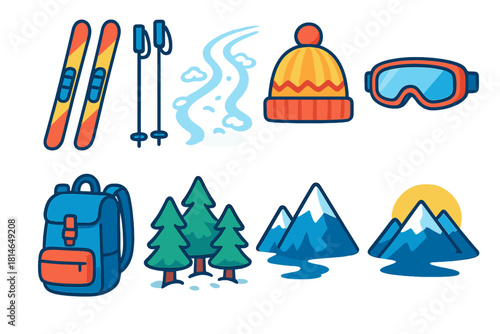 Winter Ski Icons. Winter Ski Adventure flat icons set. skis, ski poles, snow trail, wool hat, goggles, backpack, snowy forest, mountain horizon