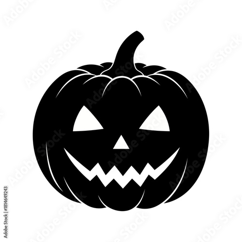 Black and white illustration of a carved jackolantern with a smiling face, perfect for halloween decorations and spooky themes