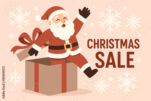 Santa's Joyful Surprise. Santa Claus joyfully waves while stepping out of a large, stylized gift box. The backdrop is a pale pink, adorned with oversized white. Vector illustration