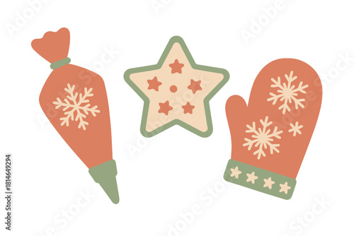 Christmas Baking Icons. Set of Christmas-themed baking icons featuring a piping bag, cookie cutter, and oven mitt. Each item is adorned with traditional holiday. Vector illustration