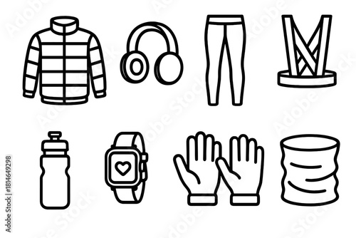 Winter Gear Icons. Cold Weather Gear linear icon set. thermal jacket, ear warmers, running tights, reflective vest, water bottle, smartwatch, gloves, neck gaiter