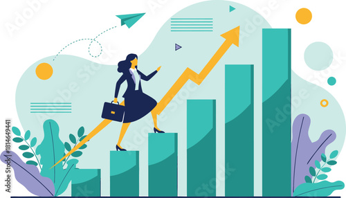 Businesswoman climbing rising bar chart symbolizing career growth and success
