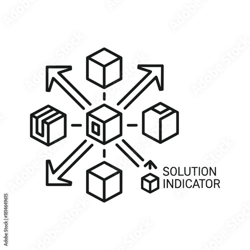 Abstract line art icon representing a central solution connecting to multiple different product or data components, isolated on