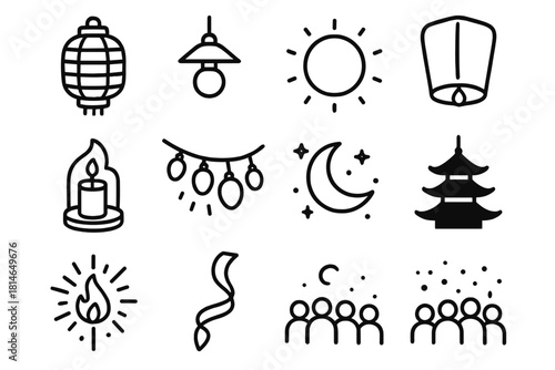 Winter Lantern Icons. Winter Lantern Festival linear icon set. paper lantern, hanging light, glowing orb, sky lantern, candle holder, string lights, moon, night sky, pagoda