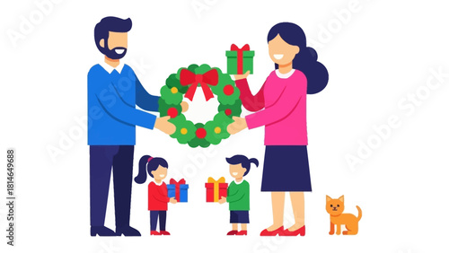 Christmas Gift Family: A festive family exchanges gifts, centered around the sharing of a Christmas wreath and festive spirit, embodying the joy of the holiday season and familial love.