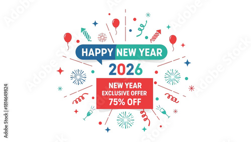 New Year's Offer 2026: Celebrate the dawn of 2026 with a vibrant advertisement, presenting a special discount on festive goods. Offers a visually captivating display perfect for holiday marketing.