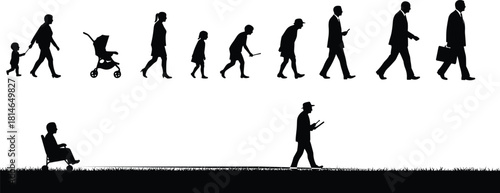 Human life cycle silhouette, aging stages illustration, growth from baby to elderly, timeline concept, generational journey, age progression, symbolic artwork