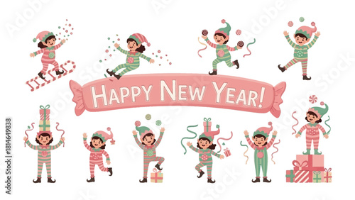 Happy New Year Elves: Cheerful elves celebrate the New Year with joy, embodying the spirit of festivity, carrying gift and party supplies, spreading happiness. 