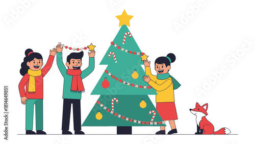Joyful Christmas Tree Decorating: A group of friends and a curious fox collaboratively adorn a vibrant Christmas tree with garlands, ornaments, and a radiant star.