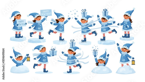 Winter Elves in Celebration: A cheerful ensemble of elves clad in winter attire revels in the snowy landscape. Embracing the essence of festive cheer with joyful expressions and gestures.