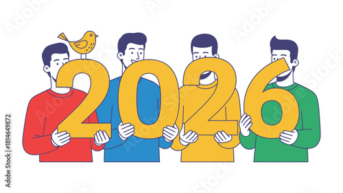 Year 2026 Collaboration: A group of individuals coming together to hold up the numbers 2026, representing a collaborative effort and looking towards the future.