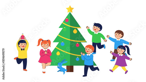 Festive Joy: A charming illustration capturing the excitement of children reveling around a vibrant Christmas tree, symbols of joy and anticipation.