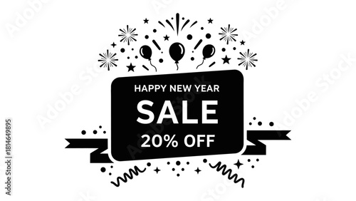 New Year Sale Banner: A festive sale banner with a Happy New Year message, featuring discounts. It uses bold fonts, fireworks, and decorative ribbons to attract customers.