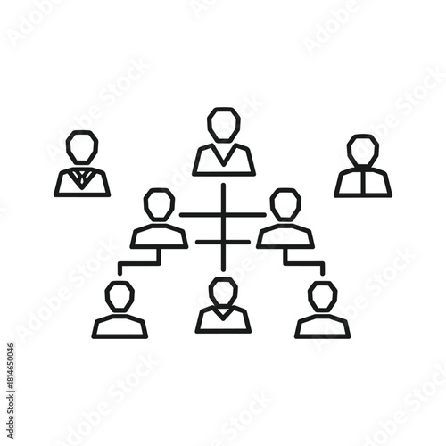Outline icon representing a business hierarchy or organizational chart structure with connected people icons isolated on