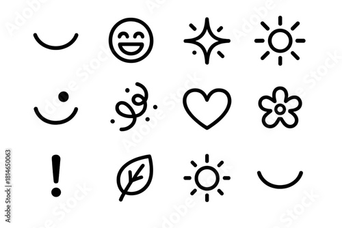 Joyful Symbols Icons. Joyful Symbols Collection linear icon set: smile curve, giggle bubble, celebration spark, radiating halo, bouncing dot, confetti swirl, cheerful heart