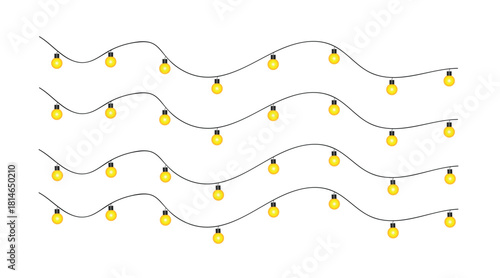 A festive string of glowing yellow holiday lights hanging in smooth wavy lines on a clean white background, creating a warm decorative ambiance perfect for Christmas, celebrations, and cheerful season
