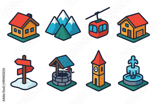 Alpine Icon Collection. Alpine Townscape flat icons set. chalet rooftops, mountain backdrop, cable car, ski lodge, snow trail sign, stone well, village clock tower, frozen fountain