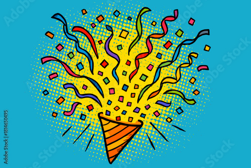 Confetti Explosion Art. Cone of confetti explodes with colorful pieces shooting in all directions. The confetti is depicted in vibrant, varied hues, against a. Vector illustration