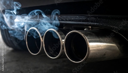 Chrome exhaust pipes emitting smoke. Pollution implied by close-up