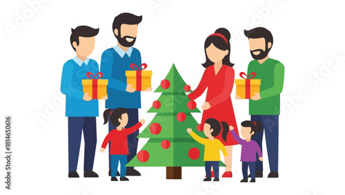 Holiday Gathering: A joyful family adorns a festive Christmas tree, exchanging gifts and sharing heartwarming moments, capturing the true spirit of togetherness.