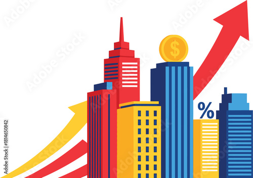 Colorful city skyline with rising financial arrows symbolizing economic growth
