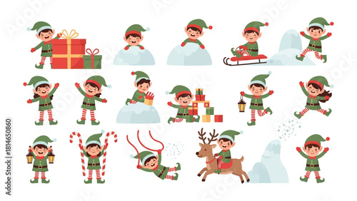 Whimsical Winter Elves: A playful collection of elves, bringing festive cheer. Depicted in a joyous scene, amidst snow and gifts, capturing the spirit of celebration.