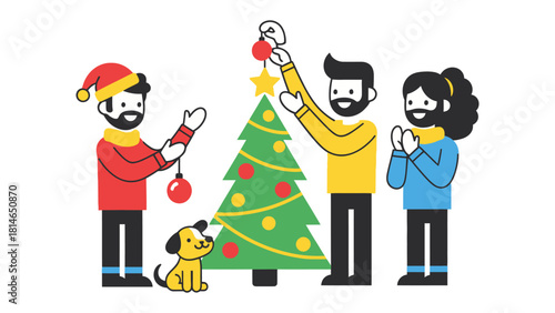 Joyful Decorating: Three individuals and a small dog create a Christmas tree with decorations. Festive family time with a classic holiday, symbolizing the spirit of togetherness.