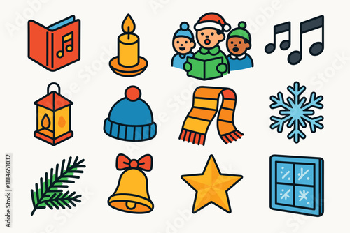Festive Carol Icon Set. Christmas Carol Singing flat icons set. songbook, candle flame, group of singers, music notes, lantern, wool hat, scarf, snowflake, pine branch, bell, star