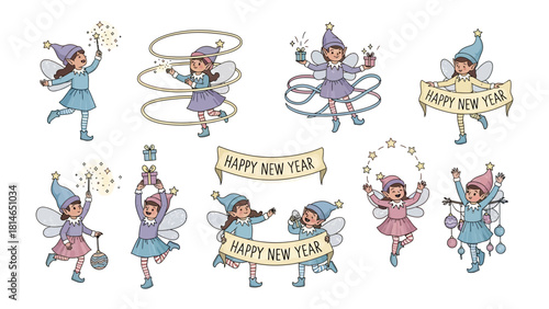 Happy New Year Elf Celebration: A festive assortment of elves, each a beacon of holiday joy and New Year cheer, frolic in a tapestry of jubilant celebration. 