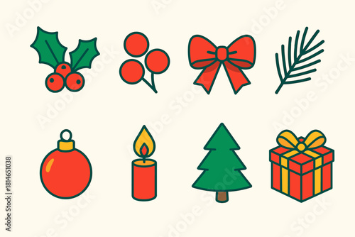 Holiday Icon Set. Timeless Holiday Palette flat icons set. holly sprig, red berries, ribbon bow, pine needles, ornament, candle flame, tree, gift box