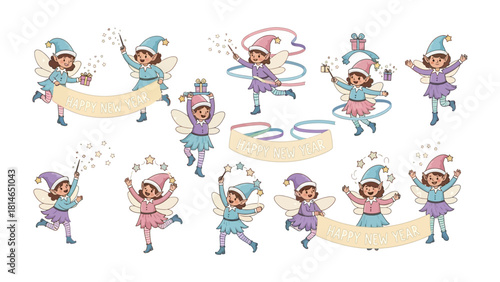 Fairy Illustration Collection: A collection of charming cartoon fairies with wings and wands in various poses, ready for a magical adventure, spreading joy, love, and happiness.