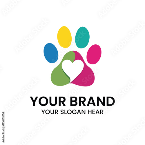 Colorful paw print logo with a white heart in the center, representing pet care, love, and animal welfare