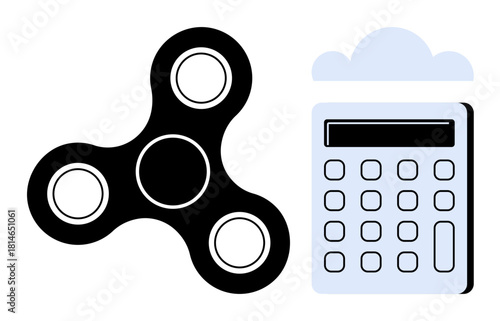 Fidget spinner for stress relief alongside a calculator under a cloud symbol for work, productivity, focus, innovation, relaxation, stress management, and simple flat metaphor