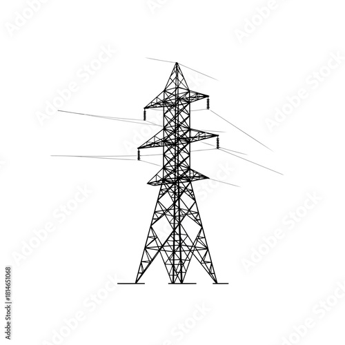 Electric power transmission tower with wires and insulators on a clear sky background