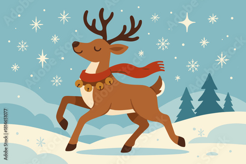 Magical Winter Reindeer. Reindeer prances through a snowy landscape, adorned with jingling bells and a bright red scarf. The winter scene is filled with twinkling. Vector illustration
