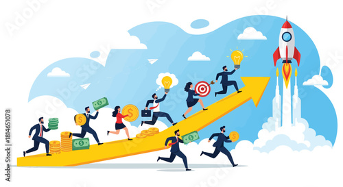 Business team running up growth arrow toward rocket launch symbolizing success, innovation, leadership, finance, motivation, and startup progress
