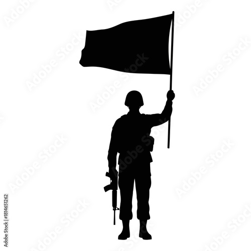 Silhouette of a soldier holding a flag and a rifle, standing in a determined pose, isolated on