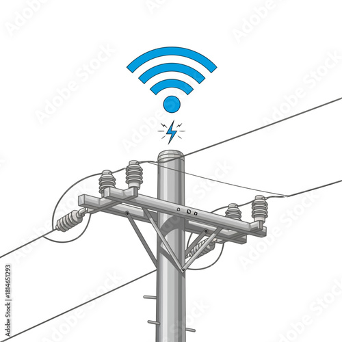 Utility pole with electrical components and wireless signal icon indicating internet connectivity