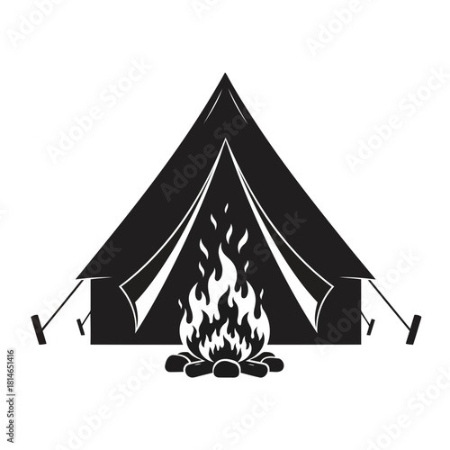 Black and white illustration of a tent with a campfire in front, isolated on