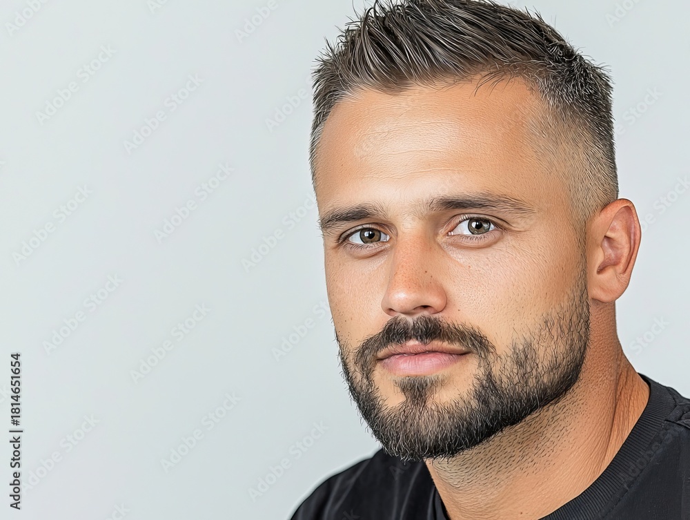Obraz premium Close-up portrait of a confident Caucasian man with short hair and a beard, exuding charm and personality.