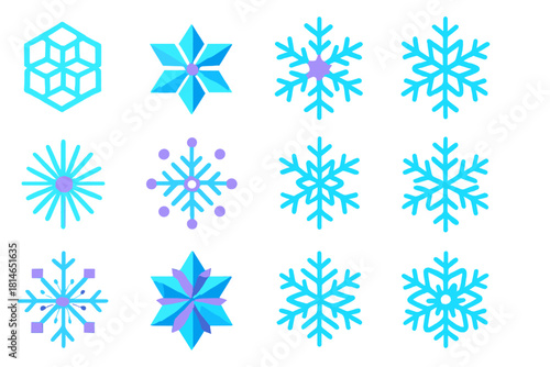 Geometric Snowflake Icons. Geometric Snowflakes flat icons set. hexagon pattern, six-point star, crystalline flake, symmetrical shape, radial lines, dotted circle, frosted edge