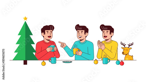 Holiday Gathering: Festive friends exchange stories over warm beverages, surrounded by the glow of holiday decor and merriment, celebrating the spirit of the season.